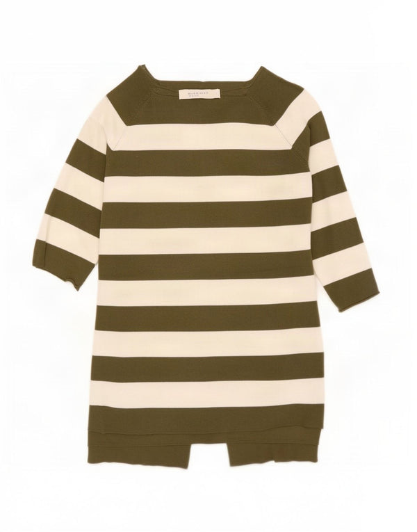 Zara Damen-Pullover mit 3/4-Ärmeln und U-Boot-Ausschnitt, Gr. 10, Größe S, Khaki, gestreift