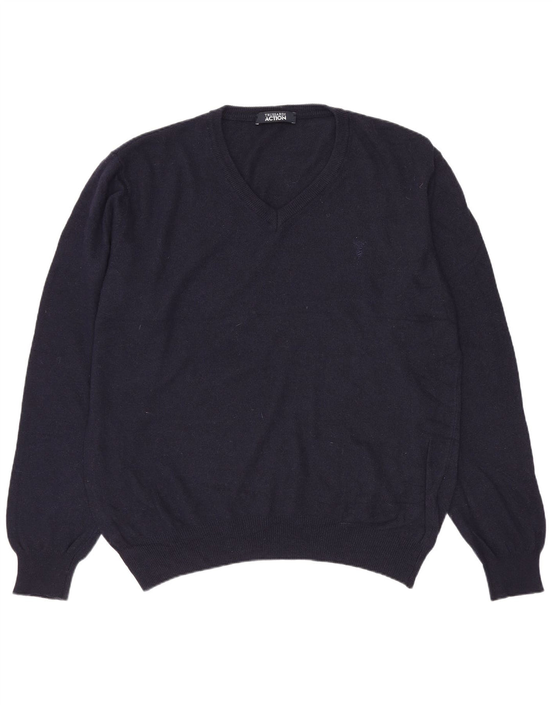 Trussardi Herren-Pullover mit V-Ausschnitt, groß, marineblaues Polyester