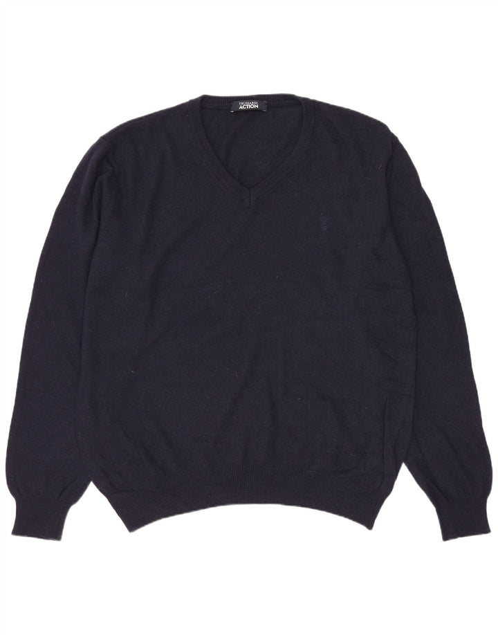 Trussardi Herren-Pullover mit V-Ausschnitt, groß, marineblaues Polyester