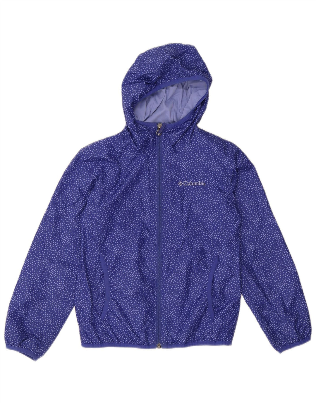 Columbia Mädchen-Regenjacke mit Kapuze, 7–8 Jahre, klein, blau, geometrisch, Polyester