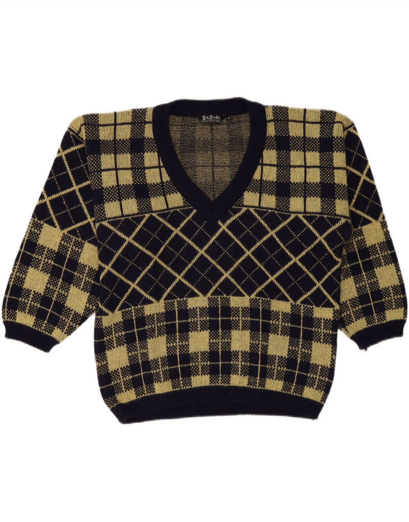 BETTY BARCLAY Mens V-Neck Jumper Sweater UK 36 Small Navy Blue Geometric Vintage Betty Barclay and Second-Hand Betty Barclay from Messina Hembry 