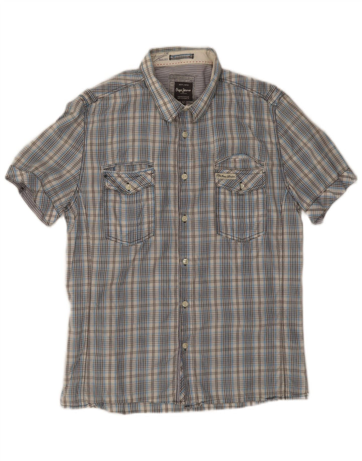 PEPE Jeans Herren Slim Fit Kurzarmhemd Mittelblau karierte Baumwolle
