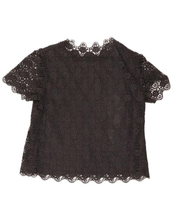 Vintage Damen Bluse Top UK 14 Großes Schwarz geblümt