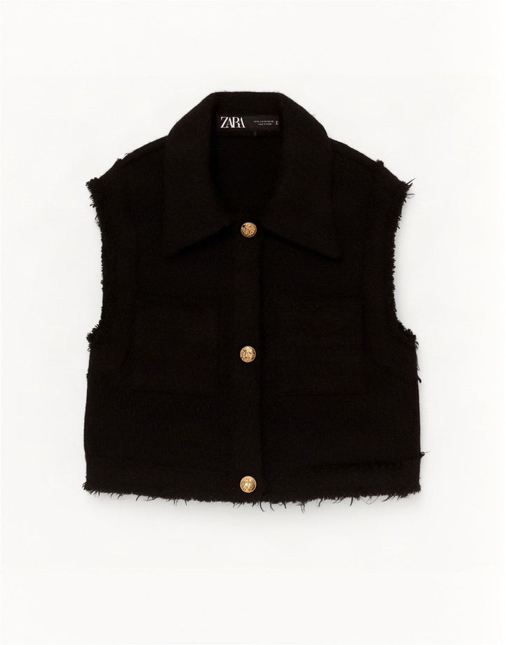 Zara Damen Crop Gilet UK 6 XS Schwarz Polyester