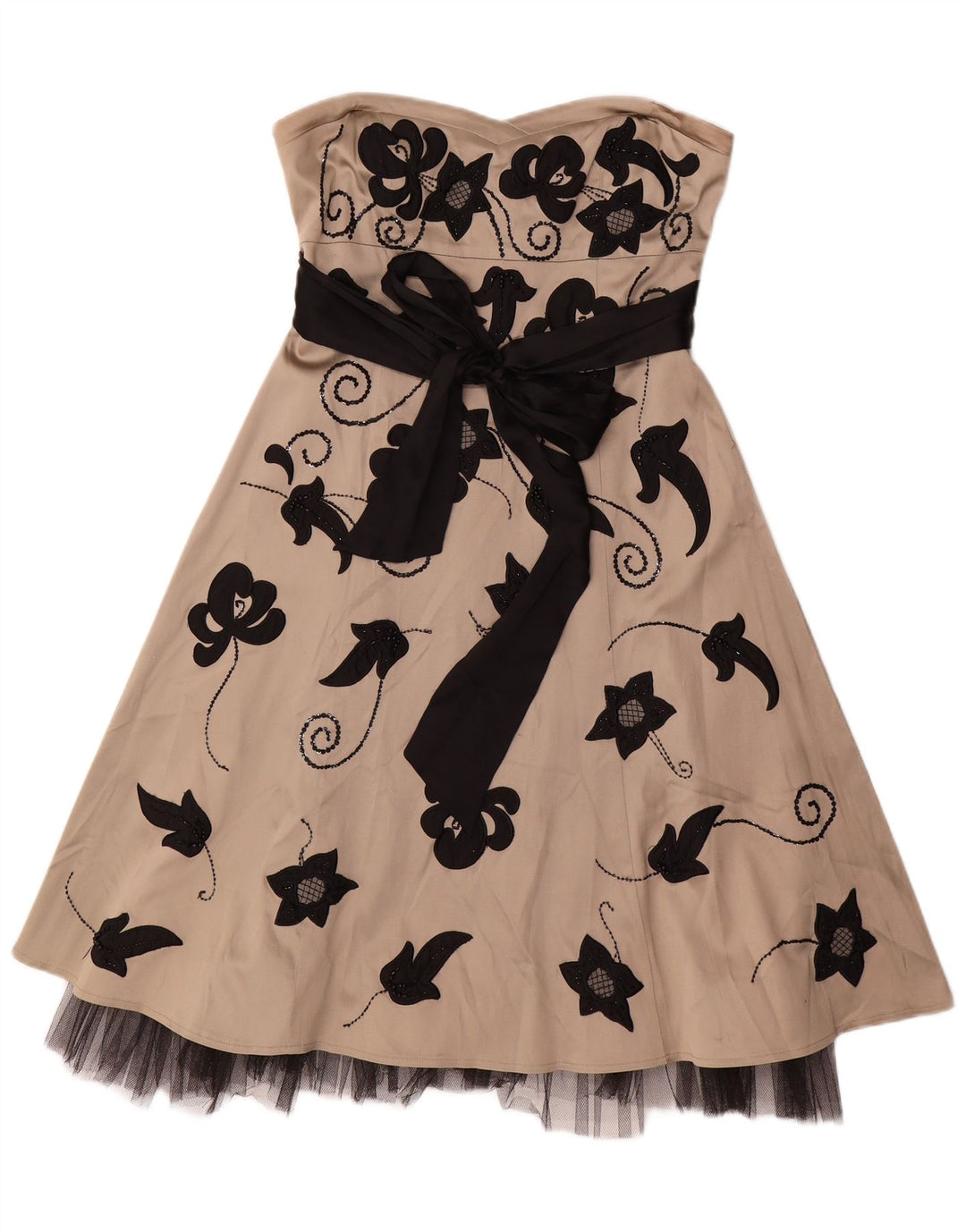 Warehouse Trägerloses Damenkleid UK 12 Mittelbeigefarbenes Acetat mit Blumenmuster