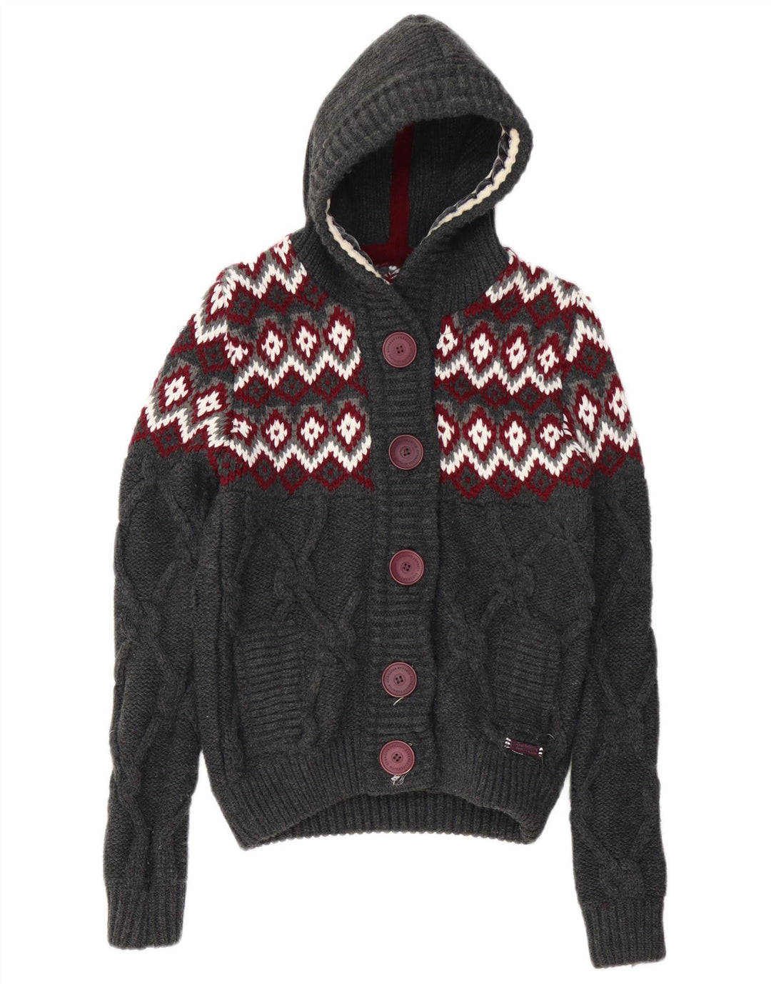 SUPERDRY Damen-Cardigan mit Kapuze, UK 10, Small, Grau, Fair-Isle-Acryl