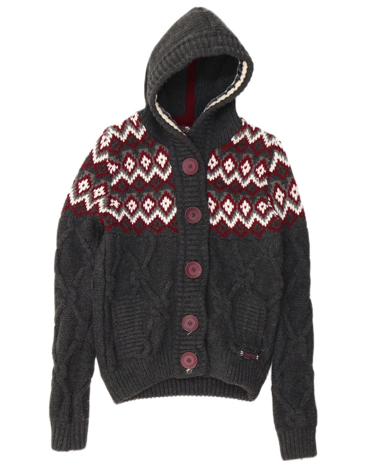 SUPERDRY Damen-Cardigan mit Kapuze, UK 10, Small, Grau, Fair-Isle-Acryl