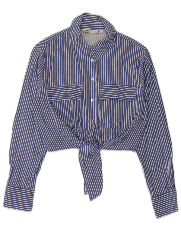 Zara Womens Front Tie Crop Shirt Bluse UK 10 Small Blau gestreift