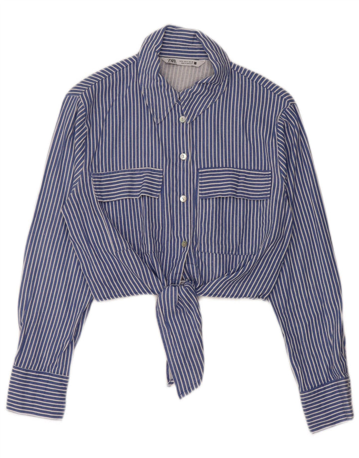 Zara Womens Front Tie Crop Shirt Bluse UK 10 Small Blau gestreift
