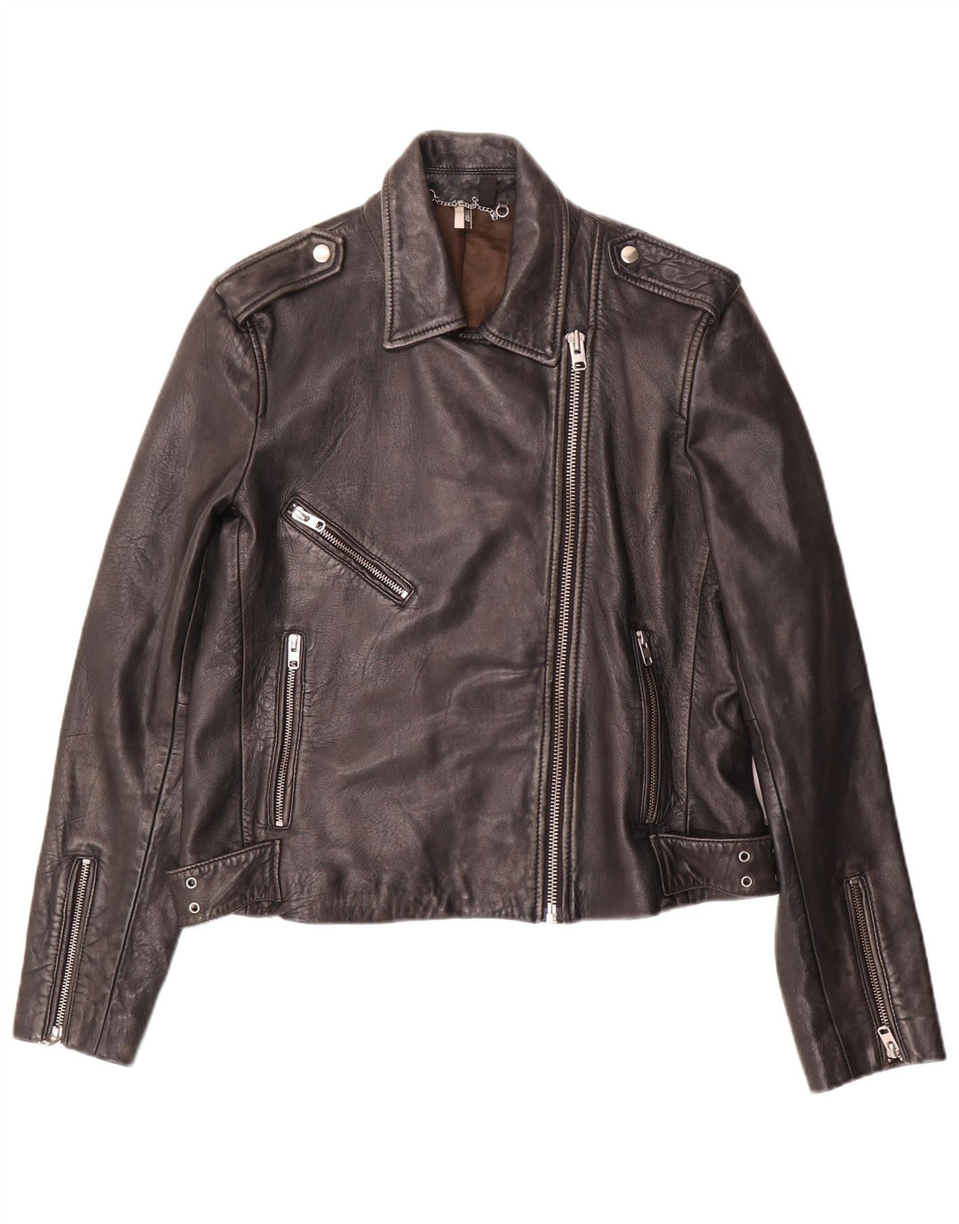 Topshop Damen-Bikerjacke aus Leder, UK 14, großes schwarzes Lammleder