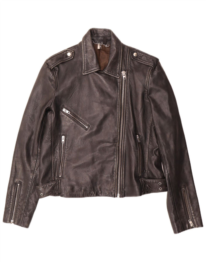 Topshop Damen-Bikerjacke aus Leder, UK 14, großes schwarzes Lammleder