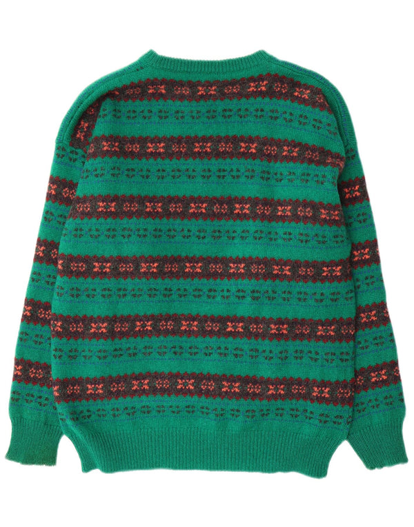 Vintage Herren-Pullover mit Rundhalsausschnitt, groß, grüne Fair-Isle-Wolle