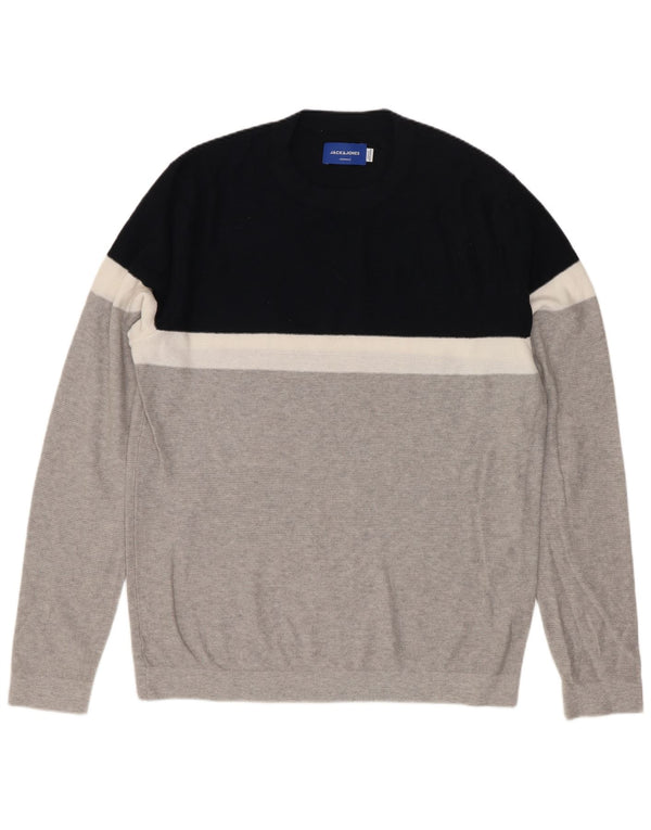 Jack & Jones Herren-Pullover mit Rundhalsausschnitt aus mittelgrauer Colourblock-Baumwolle