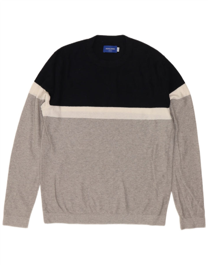 Jack & Jones Herren-Pullover mit Rundhalsausschnitt aus mittelgrauer Colourblock-Baumwolle