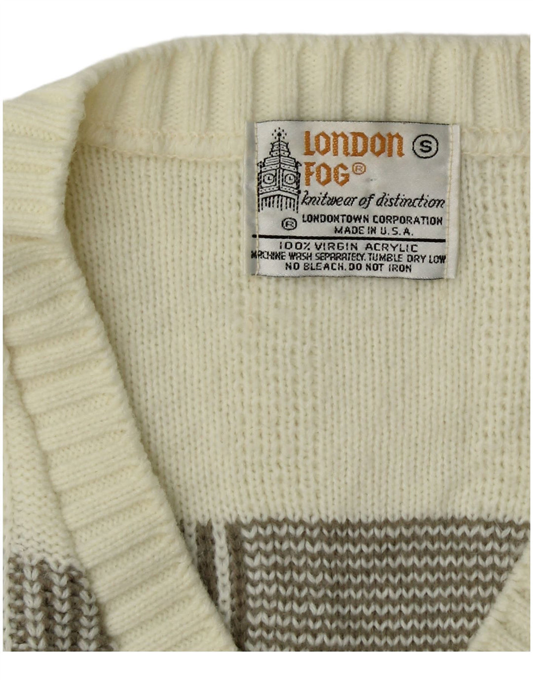 LONDON FOG Herren-Pullover mit V-Ausschnitt, klein, cremefarbenes, gestreiftes Acryl