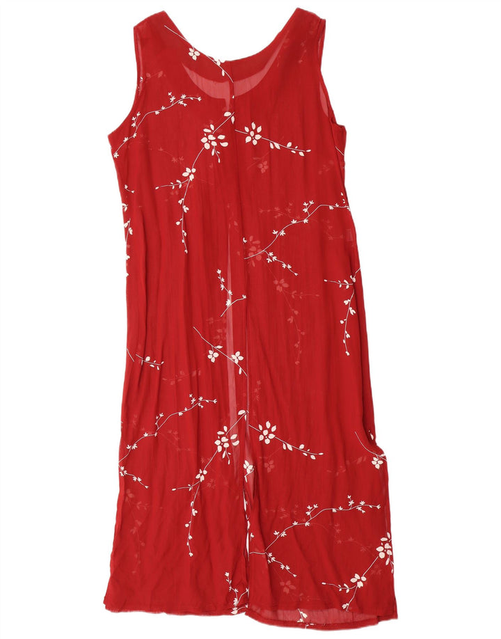 VINTAGE Damen Ärmelloses Maxikleid UK 14 Große rote Viskose mit Blumenmuster
