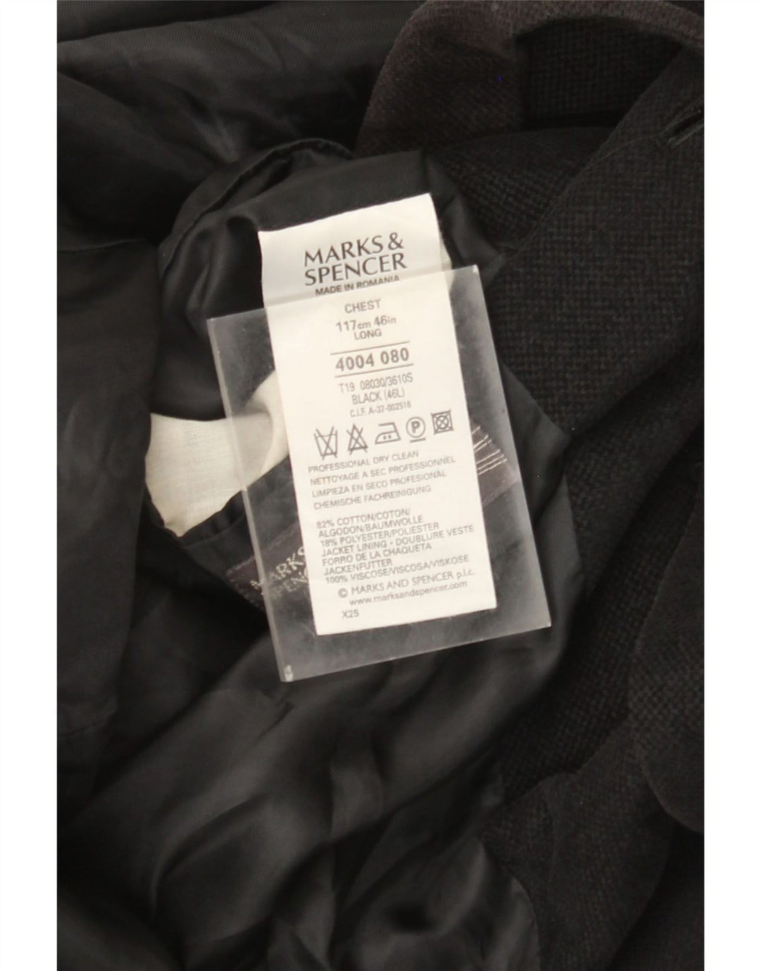 Marks & Spencer Herren-Blazer mit 3 Knöpfen, UK 46, XL, schwarze Baumwolle