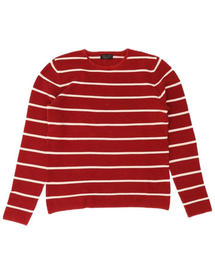 Zara Herren-Pullover mit Rundhalsausschnitt, Mittelrot gestreift