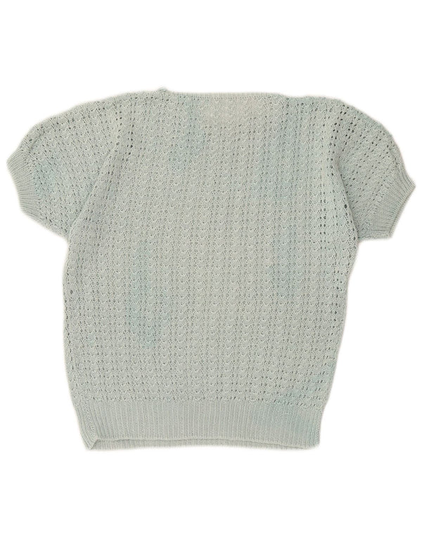 Vintage Damen Kurzärmeliger Pullover mit U-Boot-Ausschnitt UK 12 Medium Türkis