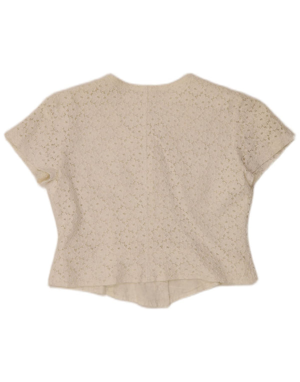 VINTAGE Damen Crop Kurzarm-Hemdbluse IT 46 Large Off White Floral