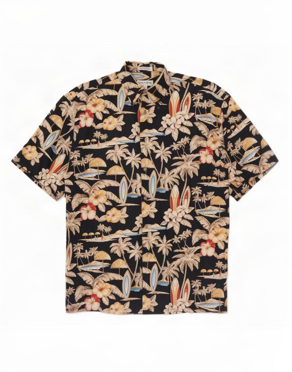 Pierre Cardin Herren-Kurzarmhemd, mittelgroß, schwarz, geblümt, hawaiianische Baumwolle