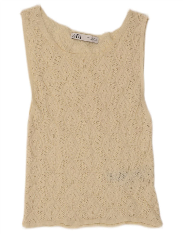 Zara Damen Strickweste Top UK 14 Large Beige Polyamid