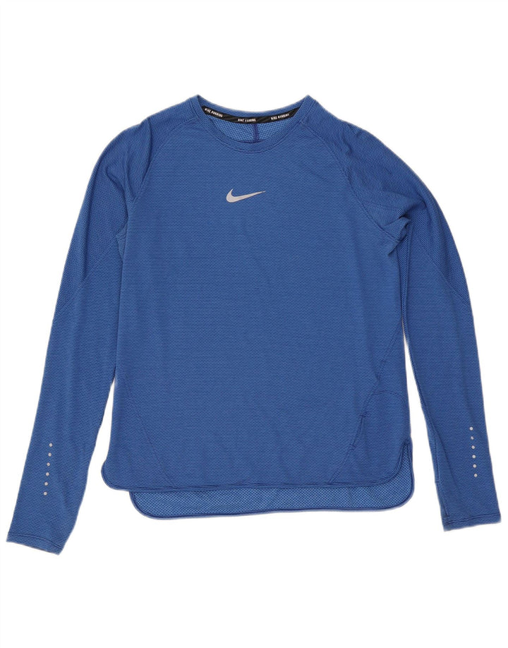 Nike Damen Dri Fit Top Langarm UK 14 Large Blue Pinstripe Polyester