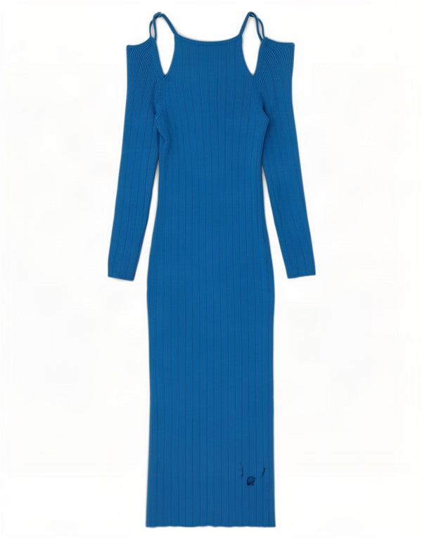 Zara Damen Langarm-Maxikleid UK 12 Mittelblaue Viskose