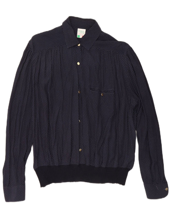 VINTAGE Damen Hemdbluse UK 16 Große marineblau gefleckte Viskose