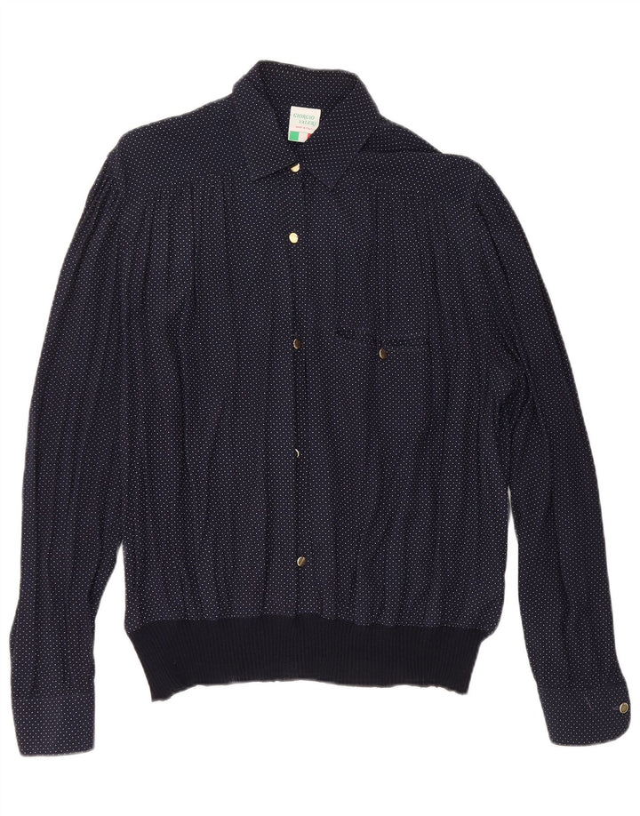 VINTAGE Damen Hemdbluse UK 16 Große marineblau gefleckte Viskose