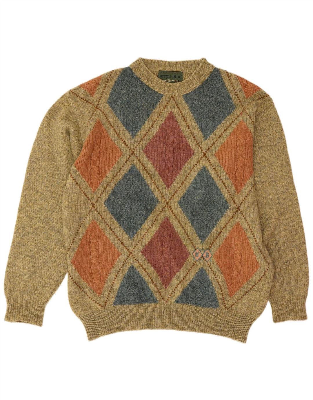Vintage Herren-Pullover mit Rundhalsausschnitt, Mittelgrün, Argyle/Diamant-Wolle