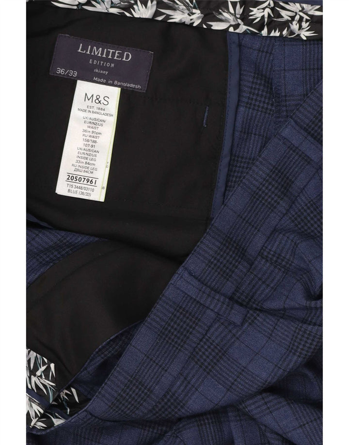 Marks & Spencer Herren Skinny Anzughose W36 L33 Marineblau kariertes Polyester