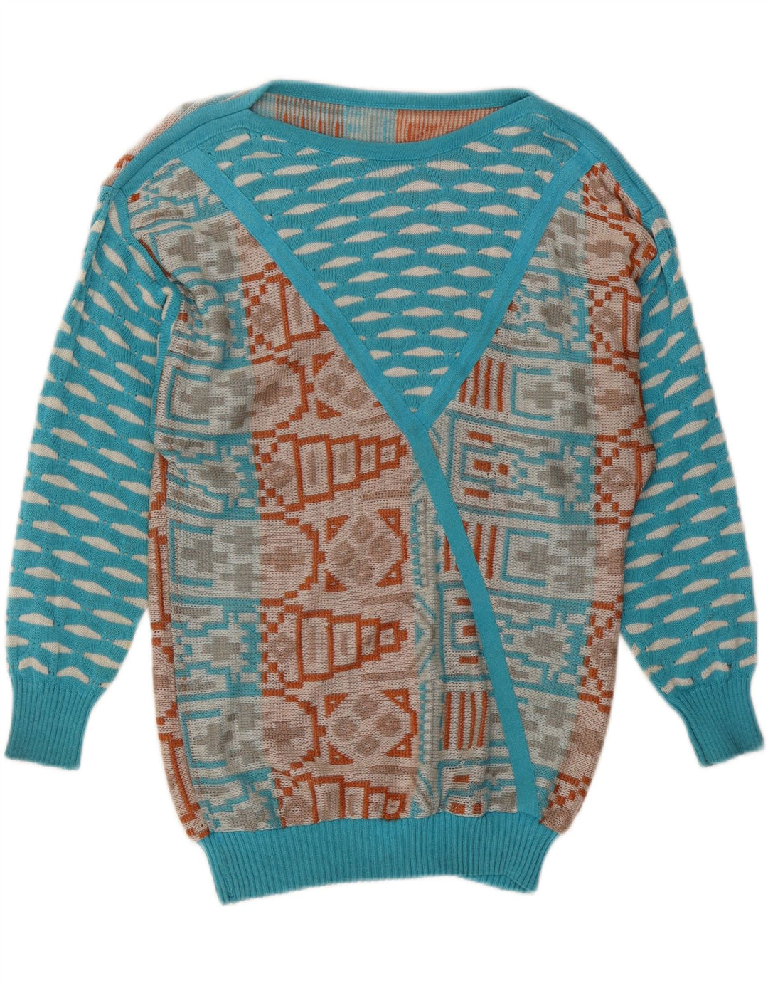 VINTAGE Damen-Pullover mit U-Boot-Ausschnitt, UK 14, mittelblau, geometrisch