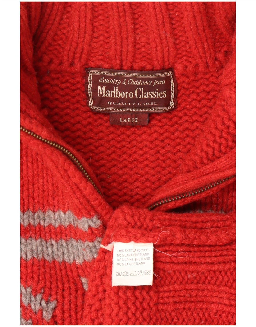 Marlboro Classics Damen-Pullover mit Reißverschluss am Hals, große rote Fair-Isle-Wolle