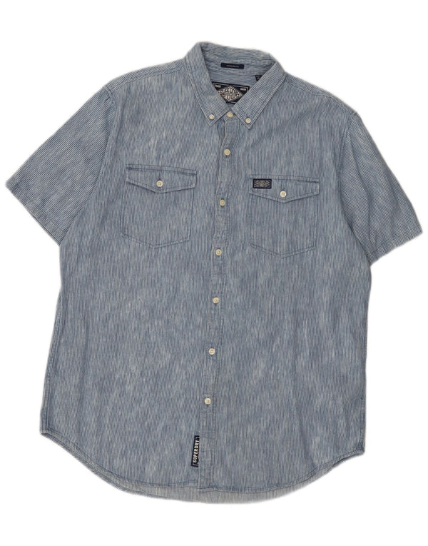Superdry Herren-Kurzarmhemd mit normaler Passform, 2XL, blaue Nadelstreifen-Baumwolle