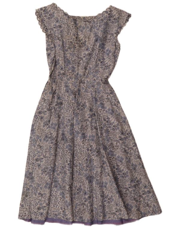 Vintage Damen A-Linie Kleid UK 12 Mittelblau geblümt