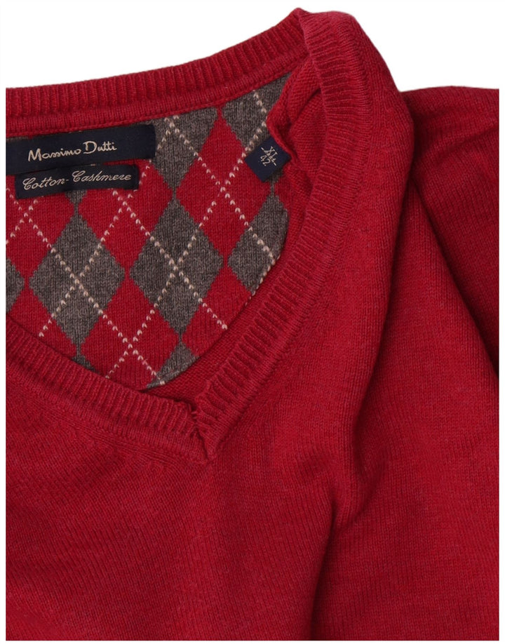 Massimo Dutti Herren-Pullover mit V-Ausschnitt, XL, rote Baumwolle