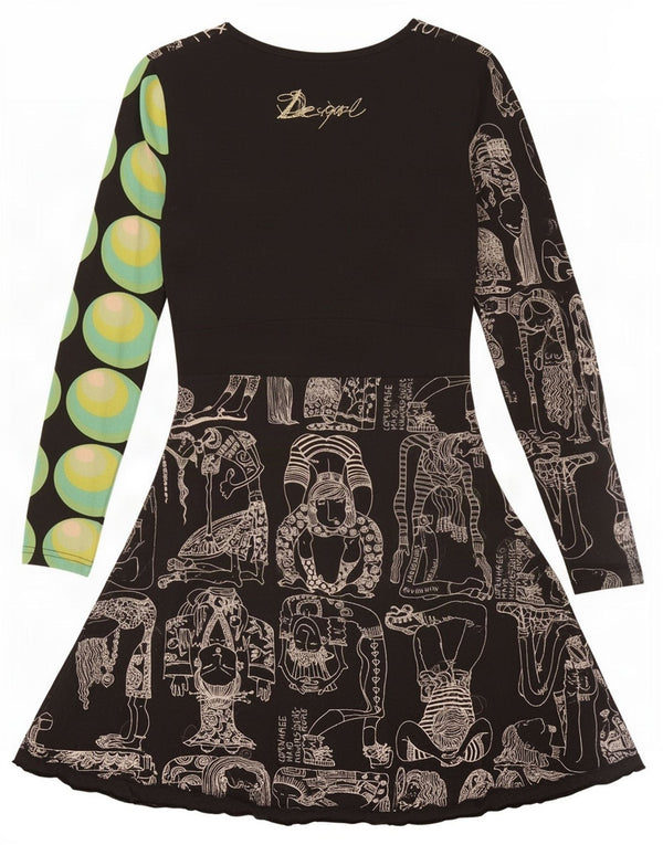 Desigual Damen Grafik-A-Linien-Kleid UK 12 Medium Schwarz Geometrisch