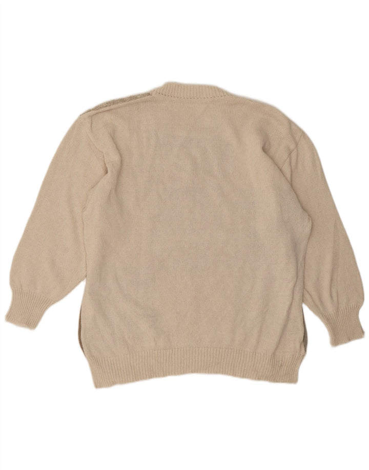 Vintage Damen Rundhalspullover Pullover EU 42 Groß Beige Patchwork