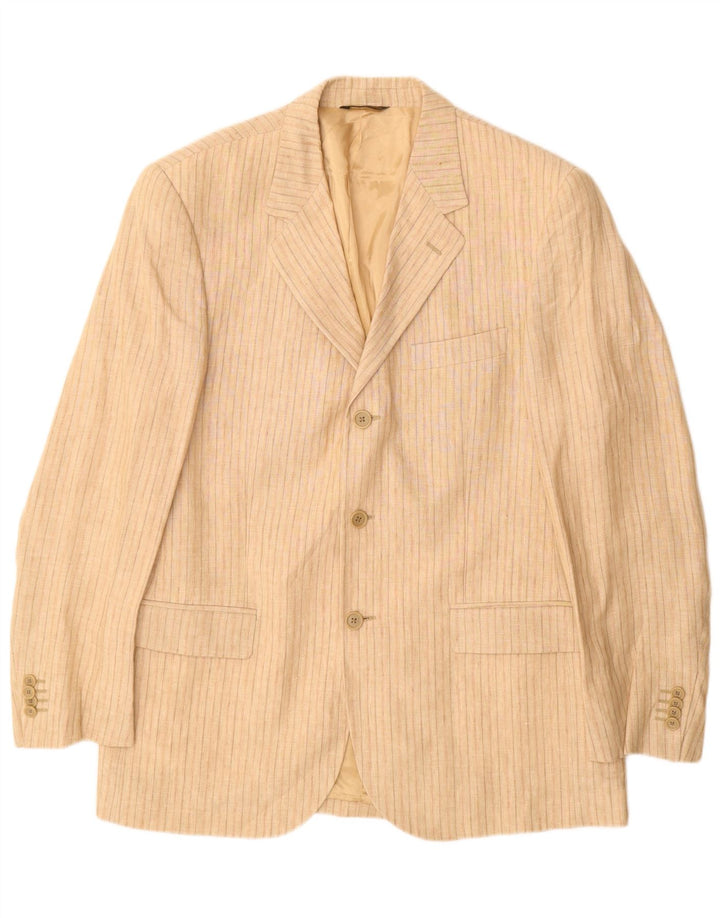 Vintage Herren 3 Knopf Blazer Jacke IT 52 XL Beige Nadelstreifen Leinen