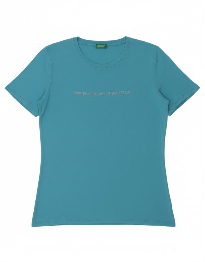 Benetton Damen Grafik-T-Shirt-Oberteil UK 14 Mittelblau