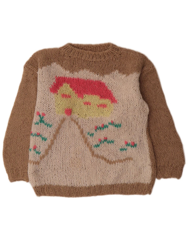 Vintage Damen Pullover mit Rundhalsausschnitt, Gr. 16, groß, braun, Farbblock