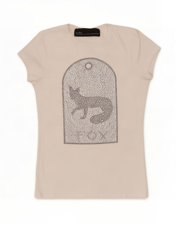 Zara Damen Grafik-T-Shirt-Oberteil UK 8 Small Weiße Baumwolle
