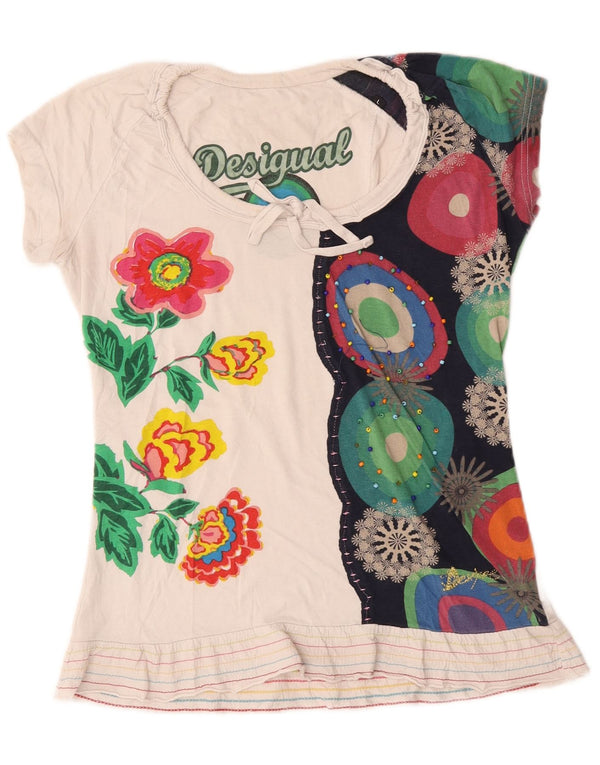 Desigual Damen Grafik-T-Shirt-Oberteil UK 14 Große weiße Baumwolle mit Blumenmuster