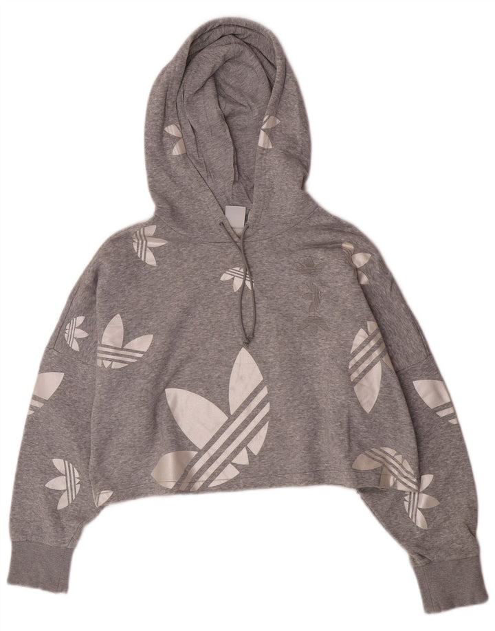Adidas Damen Crop Graphic Übergroßer Kapuzenpullover UK 12 Mittelgraue Baumwolle