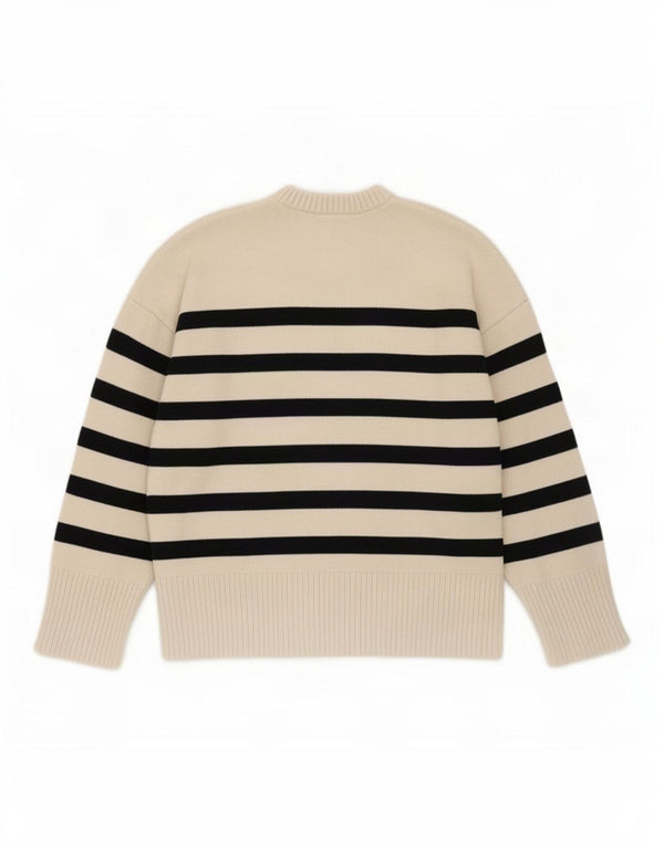 Zara Womens Crew Neck Jumper Sweater UK 16 Large Beige Striped Viscose