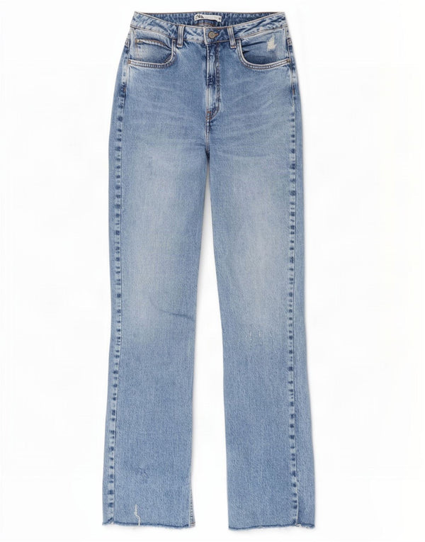 Zara Damen High Rise Distressed Straight Jeans EU 40 Medium W30 L34 Blau