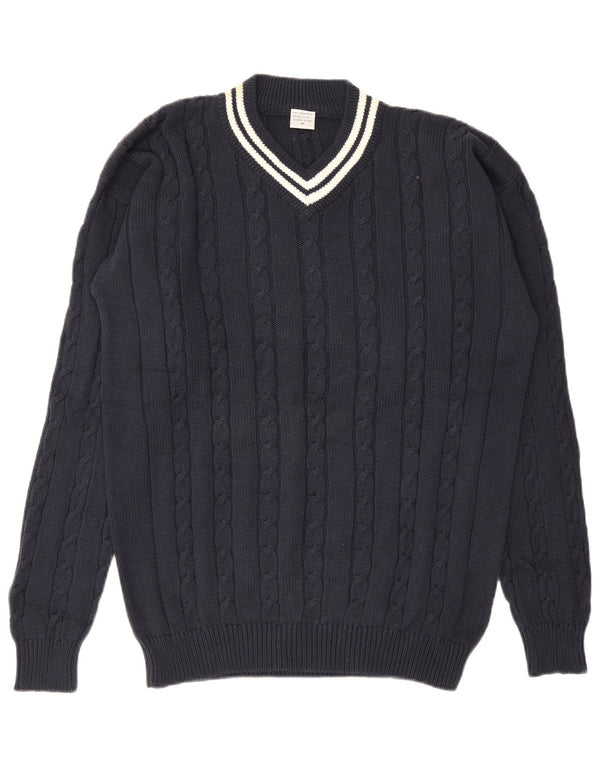 Vintage Mens V-Neck Jumper Sweater Medium Navy Blue Cotton