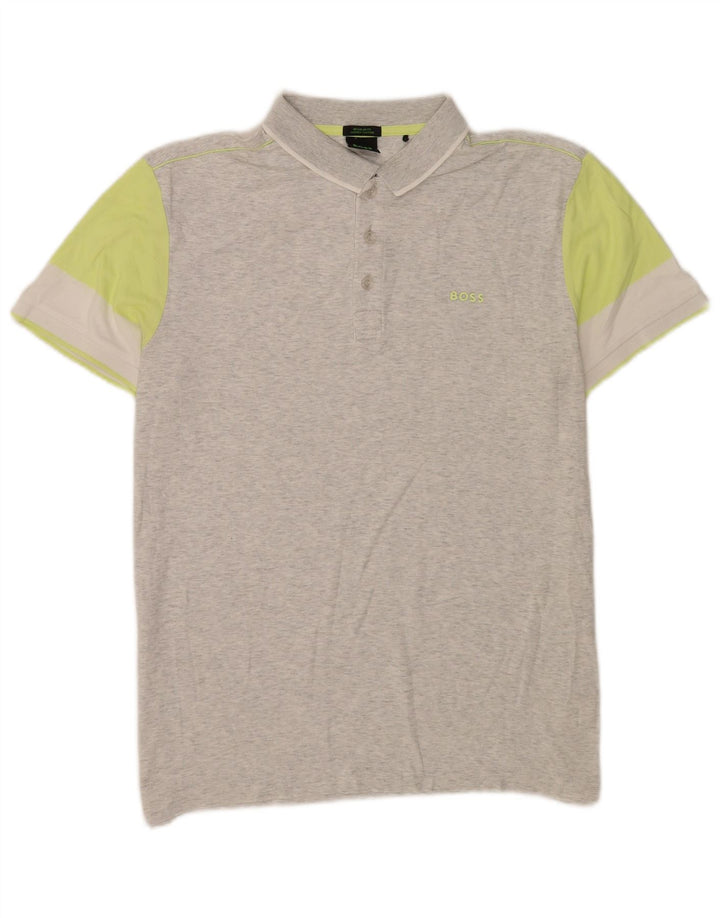 Hugo Boss Herren-Poloshirt mit normaler Passform, große graue Colourblock-Baumwolle