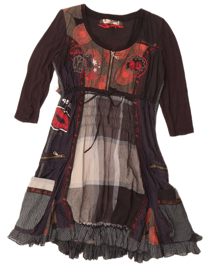 Desigual Damen Grafik-A-Linien-Kleid EU 40 Mittelbraunes Patchwork